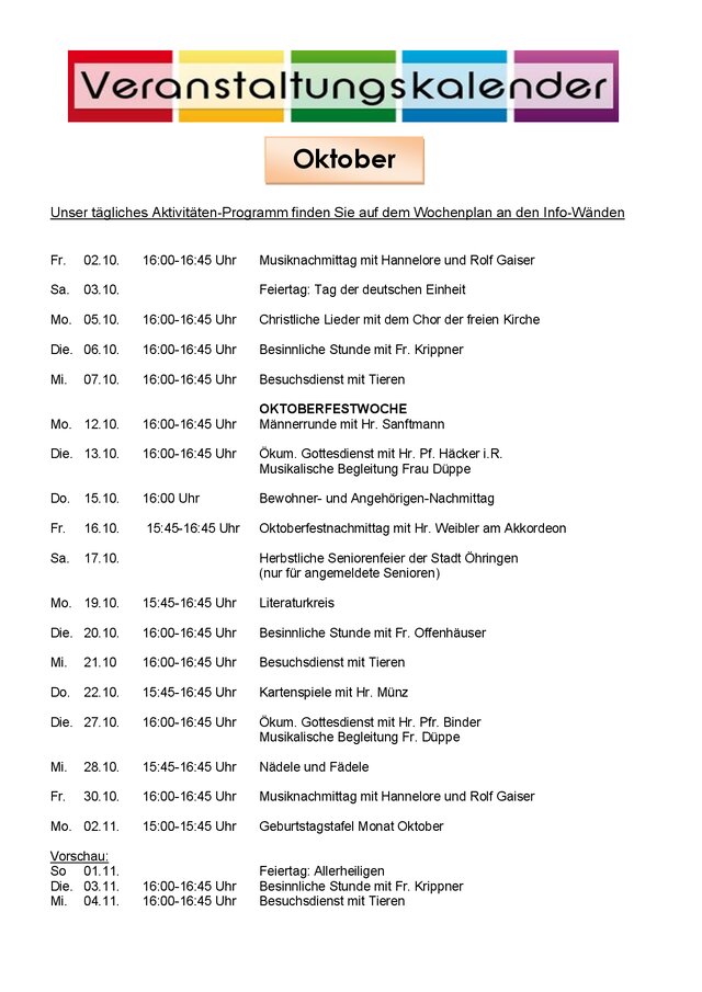 Titelseite Veranstaltungskalender Oktober 2026